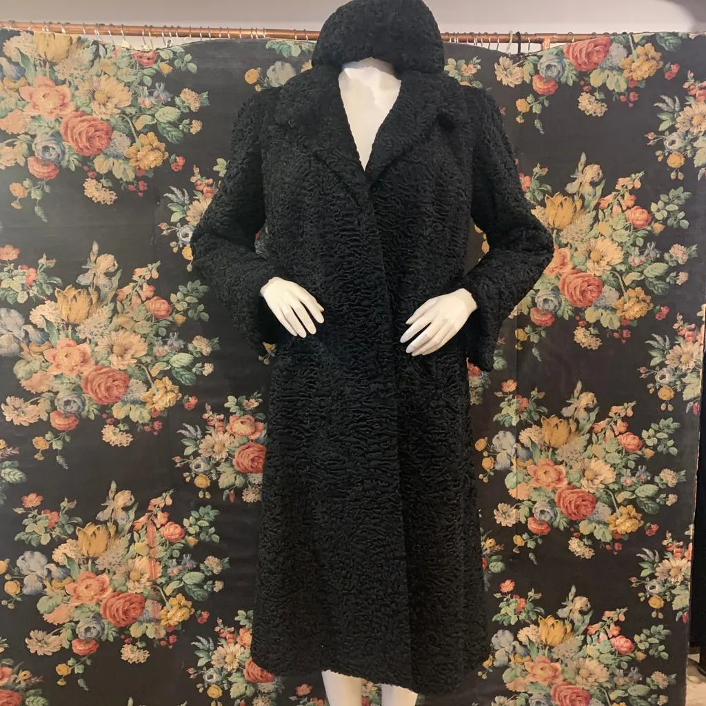 1940s Black Persian Lamb Coat with Matching Hat