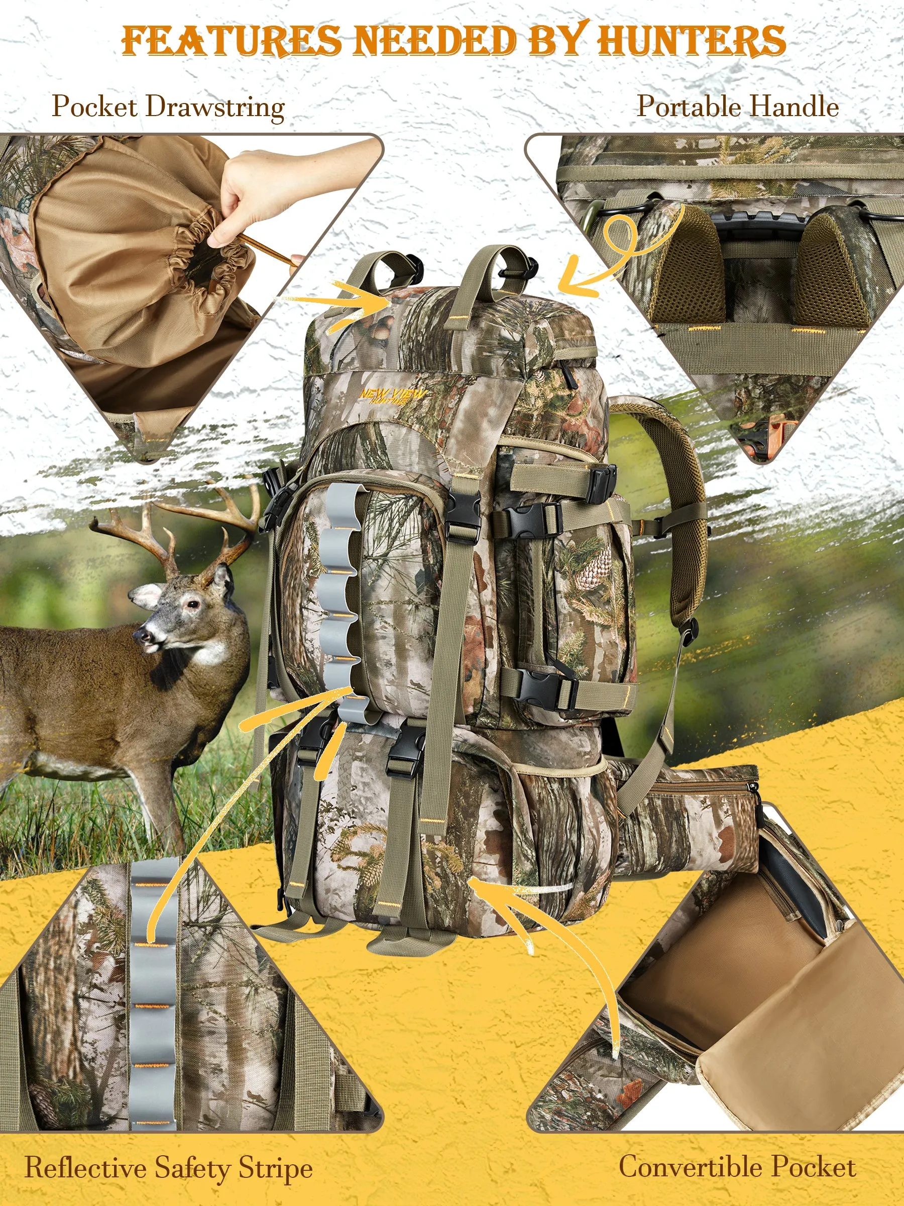 60L Load Reducing Camo Hunting Backpack With Rain Cover