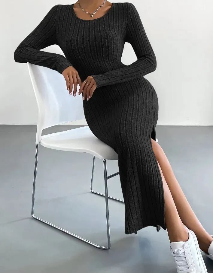 A&A Round Neck Long Sleeve Slit Midaxi Knit set