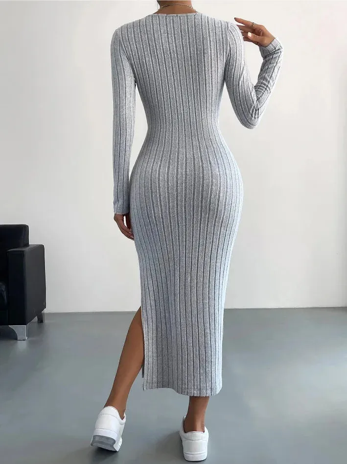 A&A Round Neck Long Sleeve Slit Midaxi Knit set