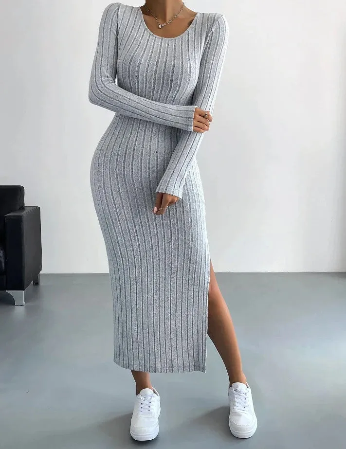 A&A Round Neck Long Sleeve Slit Midaxi Knit set