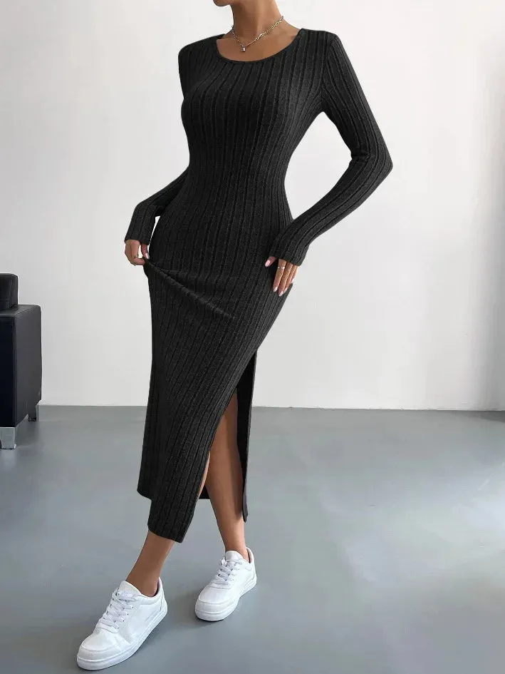 A&A Round Neck Long Sleeve Slit Midaxi Knit set