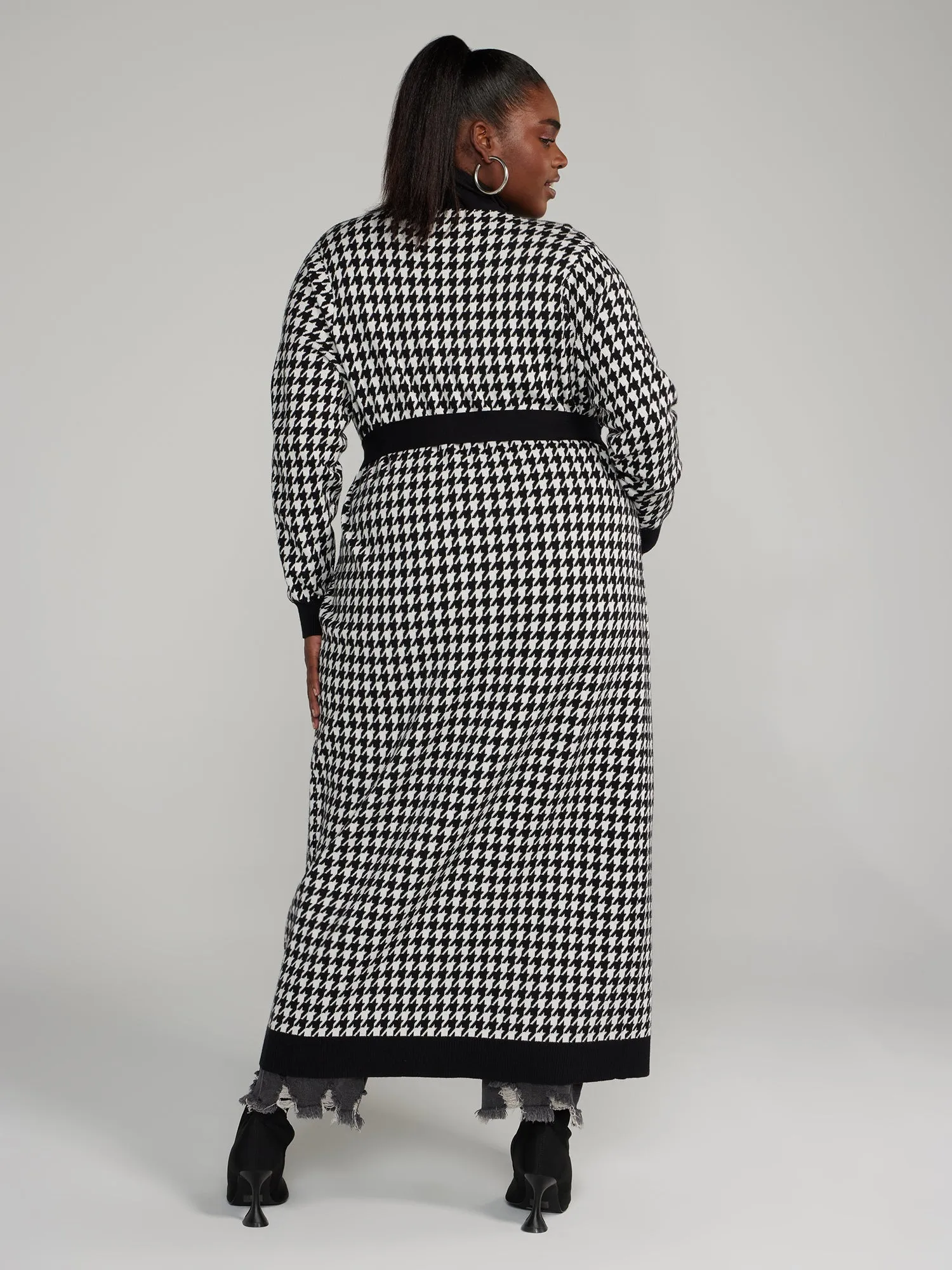 Belted Houndstooth Long Cardigan