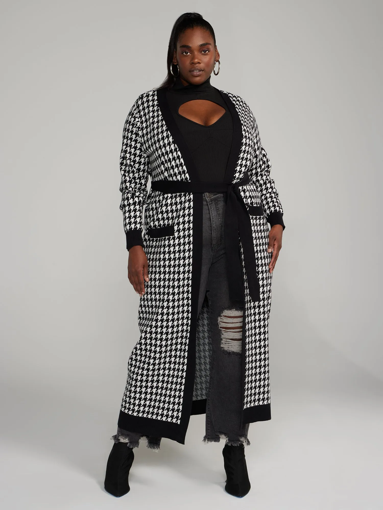 Belted Houndstooth Long Cardigan