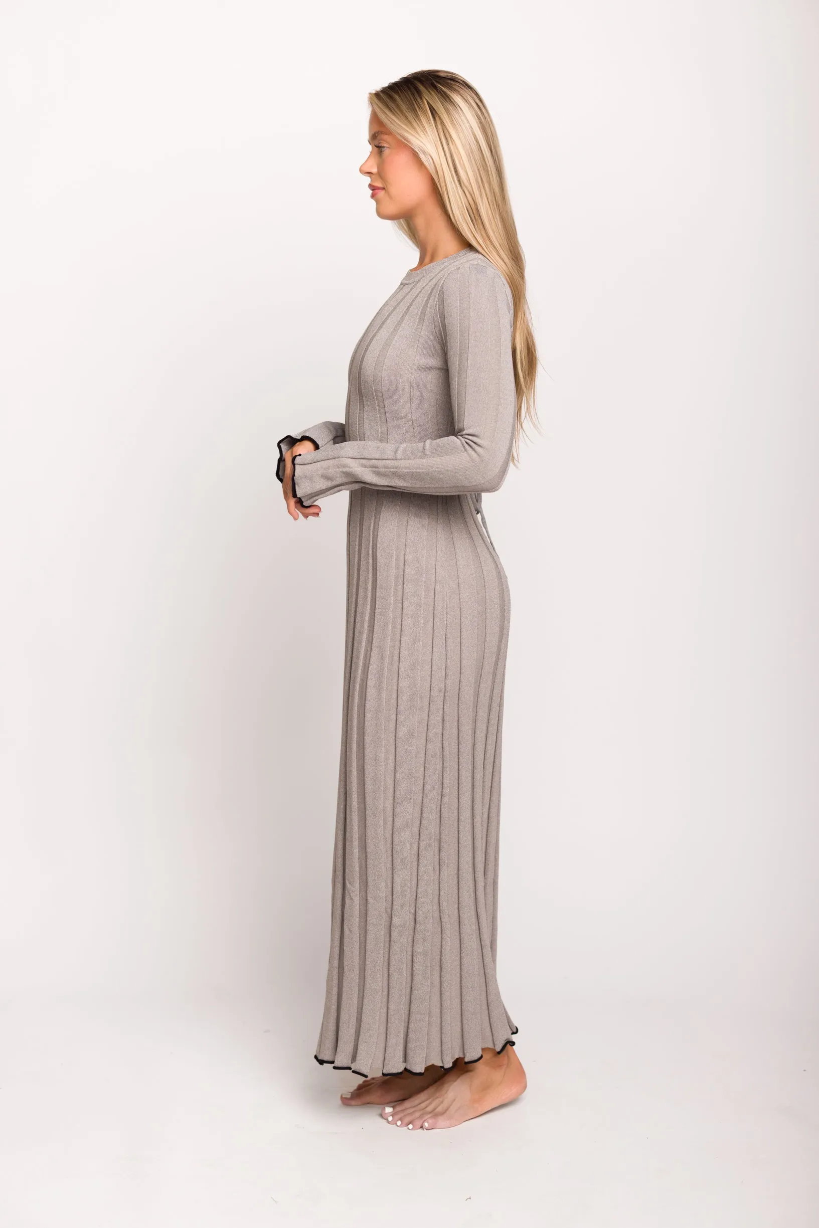 Bentley Long Sleeve Ribbed Knit Maxi Dress in Heather Gray with Black Trim - Bump Friendly