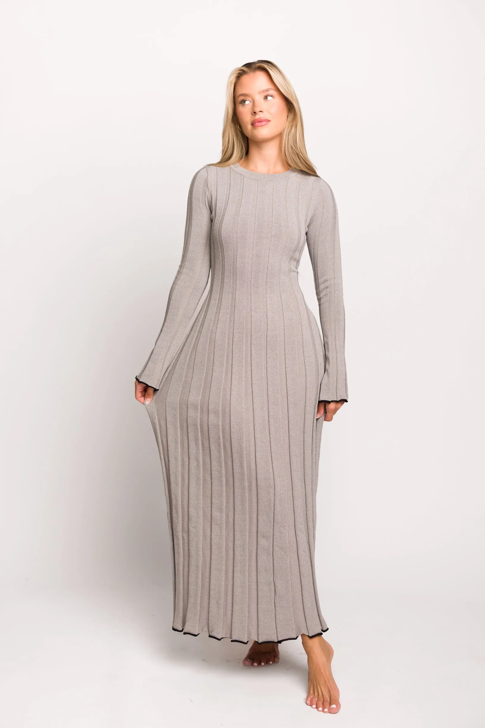 Bentley Long Sleeve Ribbed Knit Maxi Dress in Heather Gray with Black Trim - Bump Friendly