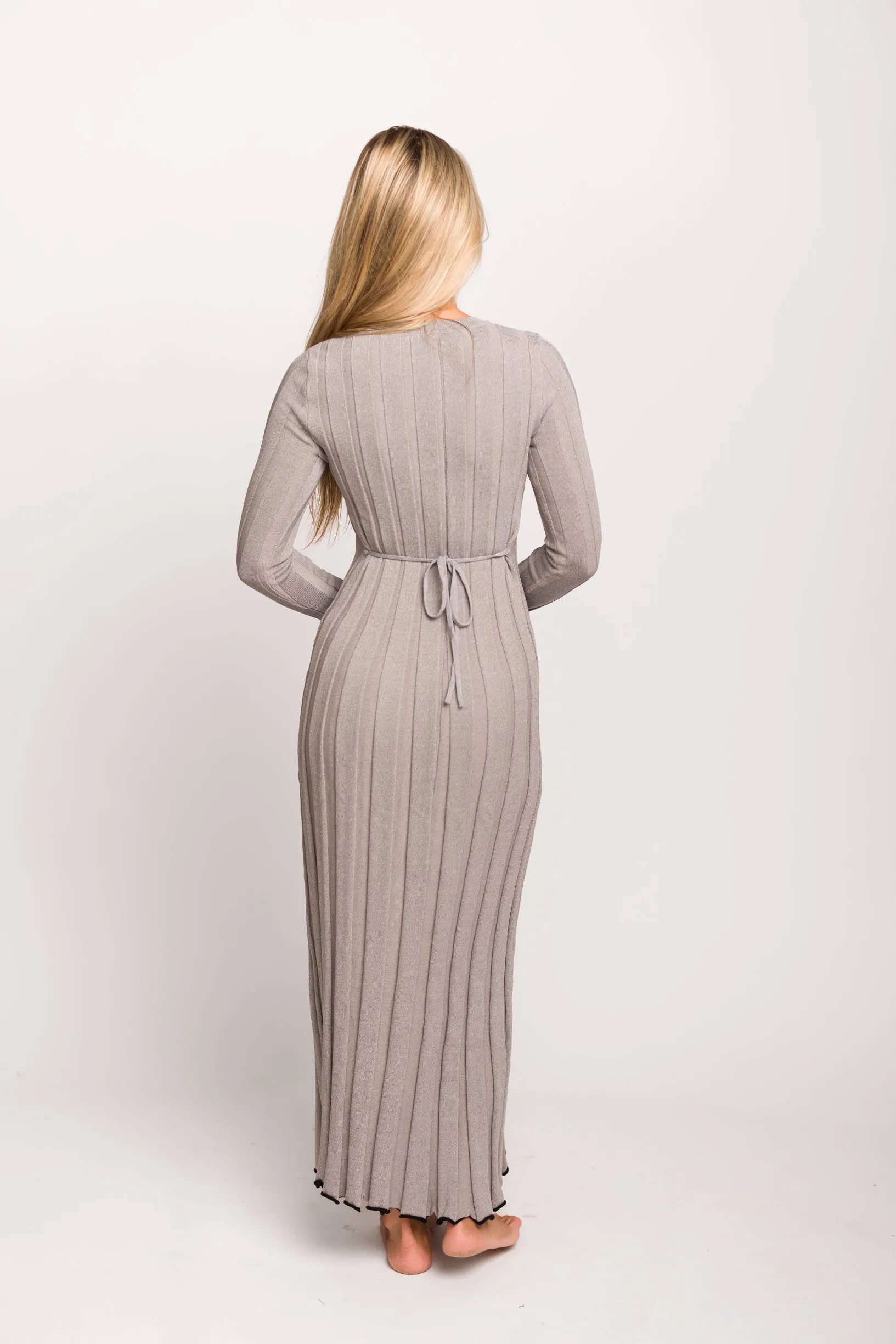 Bentley Long Sleeve Ribbed Knit Maxi Dress in Heather Gray with Black Trim - Bump Friendly