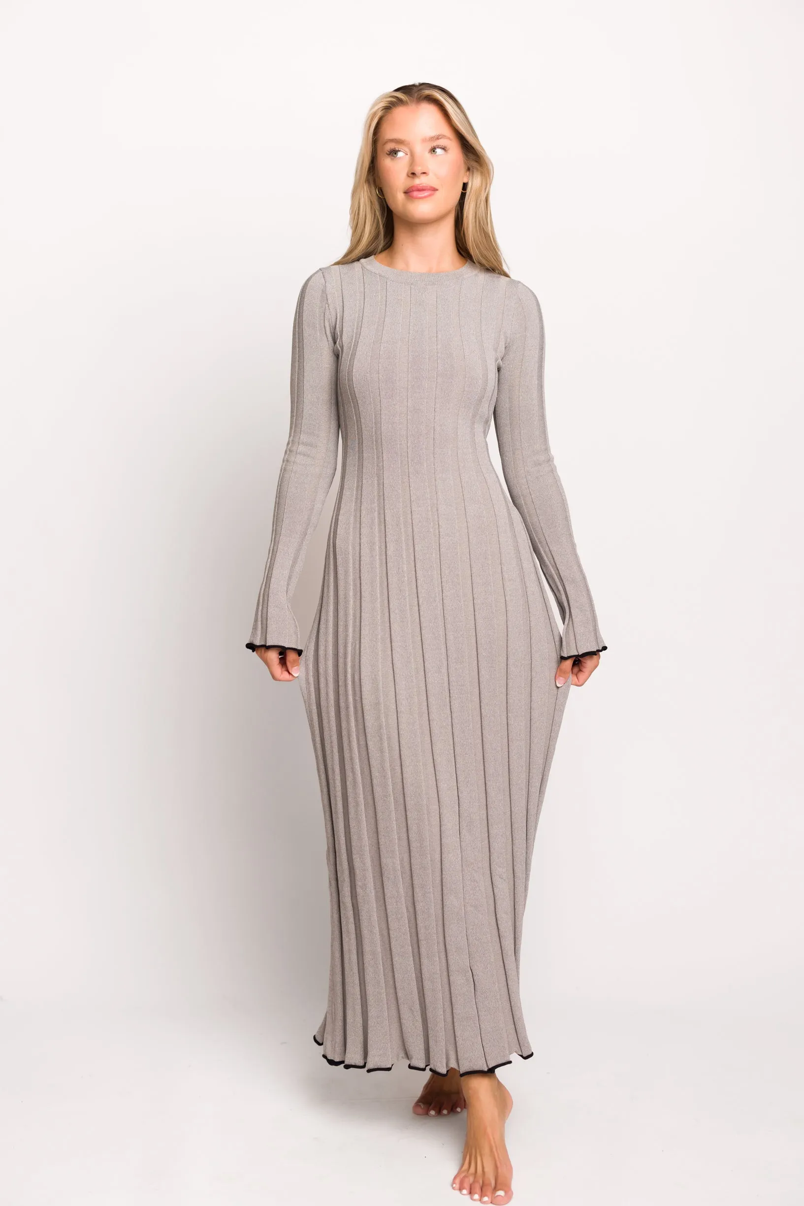 Bentley Long Sleeve Ribbed Knit Maxi Dress in Heather Gray with Black Trim - Bump Friendly