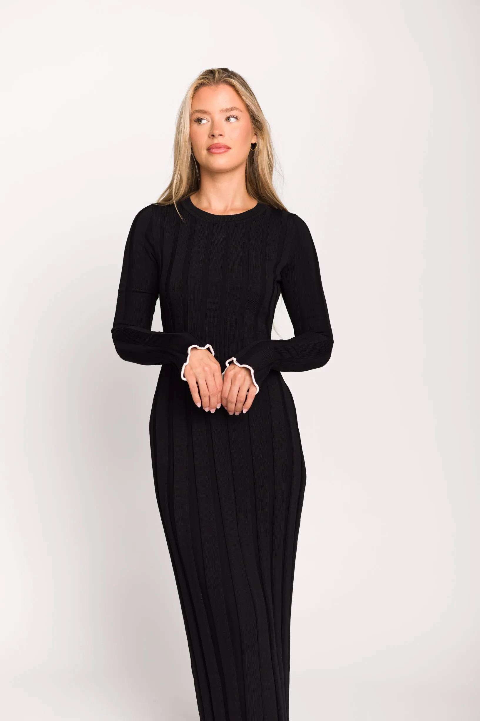 Bentley Ribbed Knit Maxi Dress with Long Sleeves in Black with White Trim - Bump Friendly