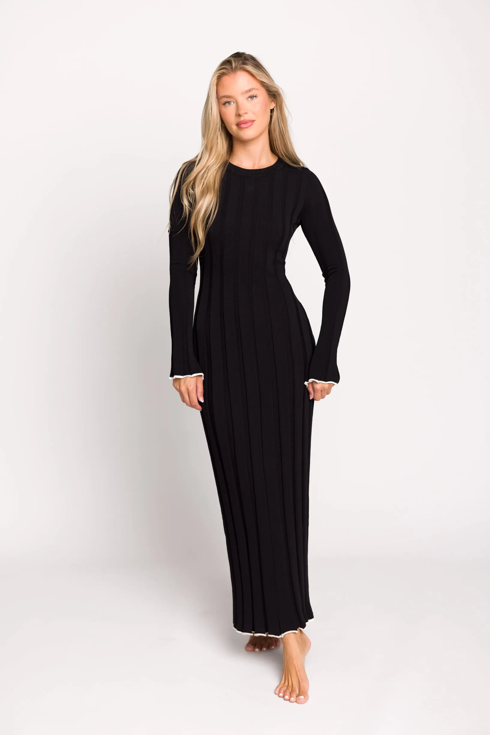 Bentley Ribbed Knit Maxi Dress with Long Sleeves in Black with White Trim - Bump Friendly