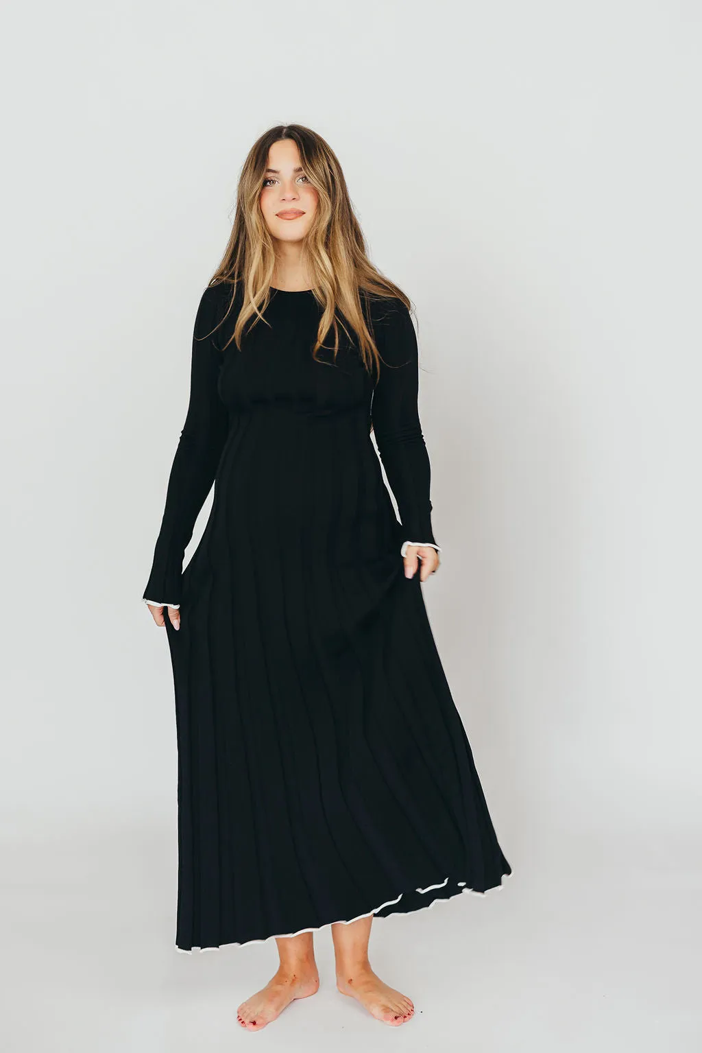 Bentley Ribbed Knit Maxi Dress with Long Sleeves in Black with White Trim - Bump Friendly