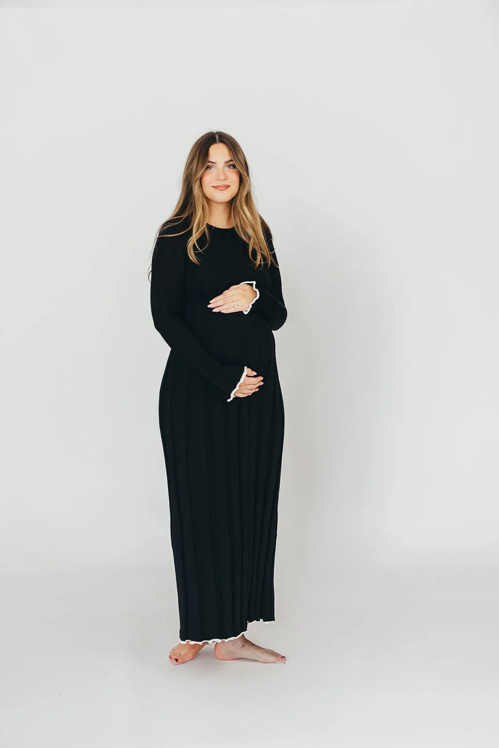 Bentley Ribbed Knit Maxi Dress with Long Sleeves in Black with White Trim - Bump Friendly