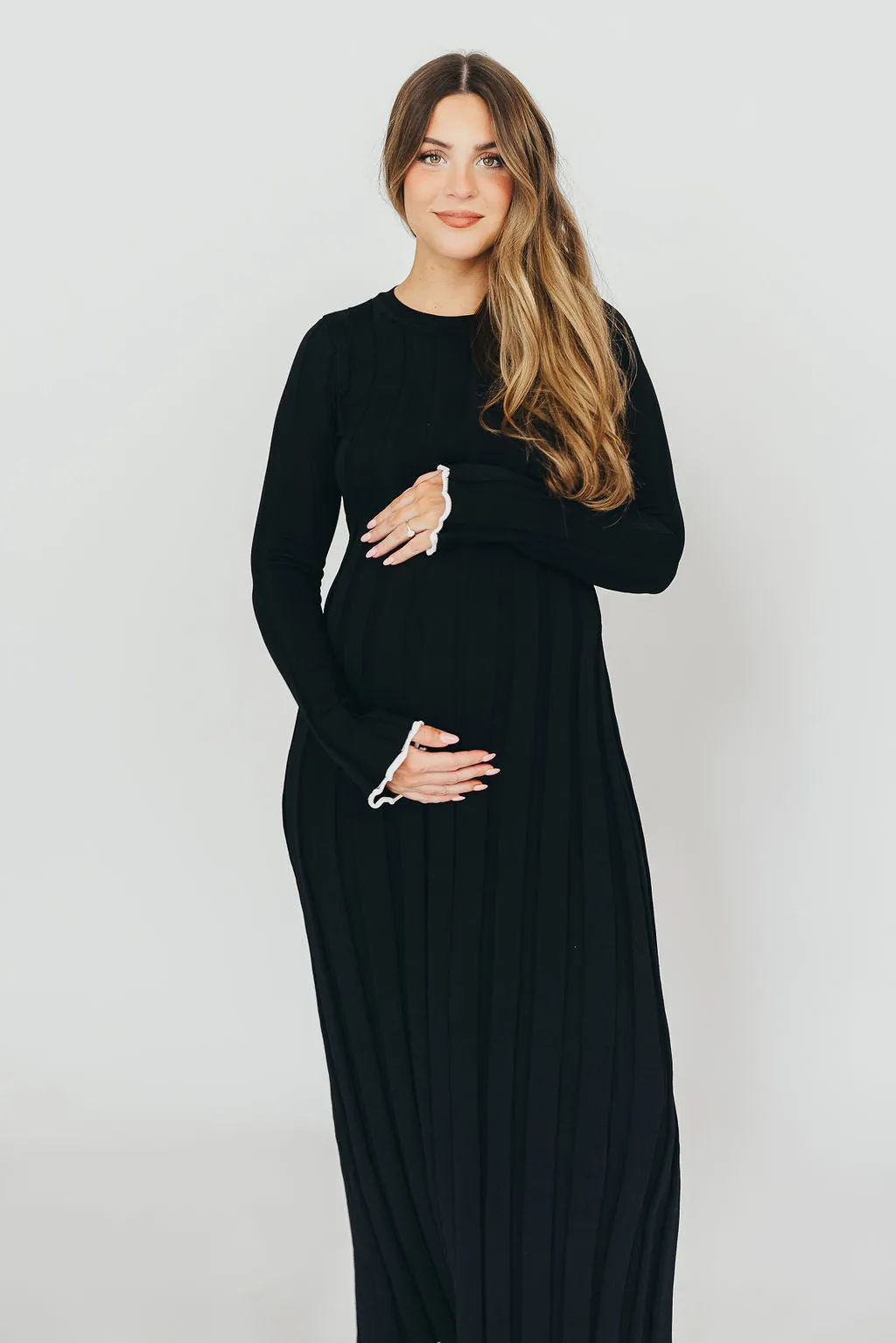 Bentley Ribbed Knit Maxi Dress with Long Sleeves in Black with White Trim - Bump Friendly