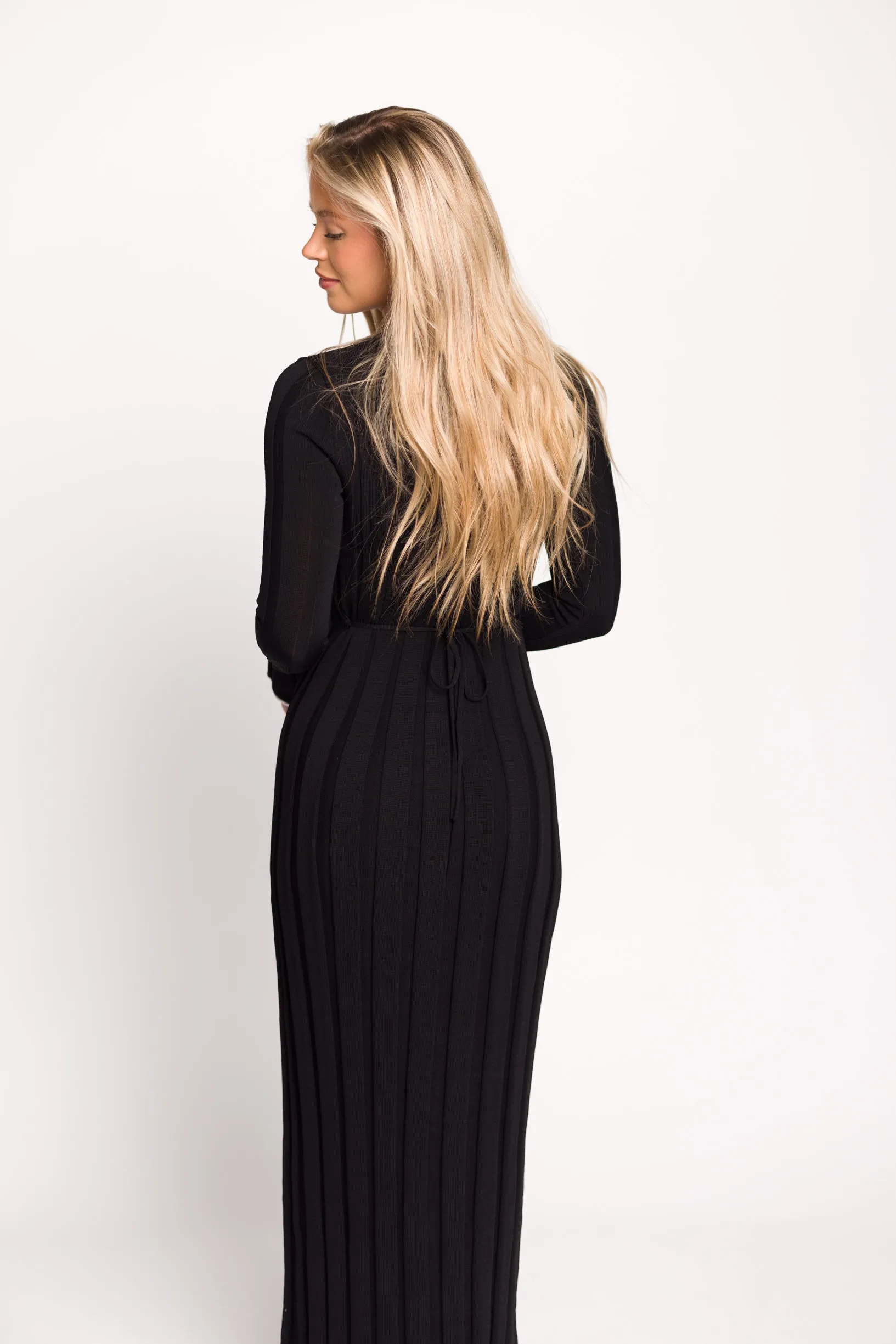 Bentley Ribbed Knit Maxi Dress with Long Sleeves in Black with White Trim - Bump Friendly