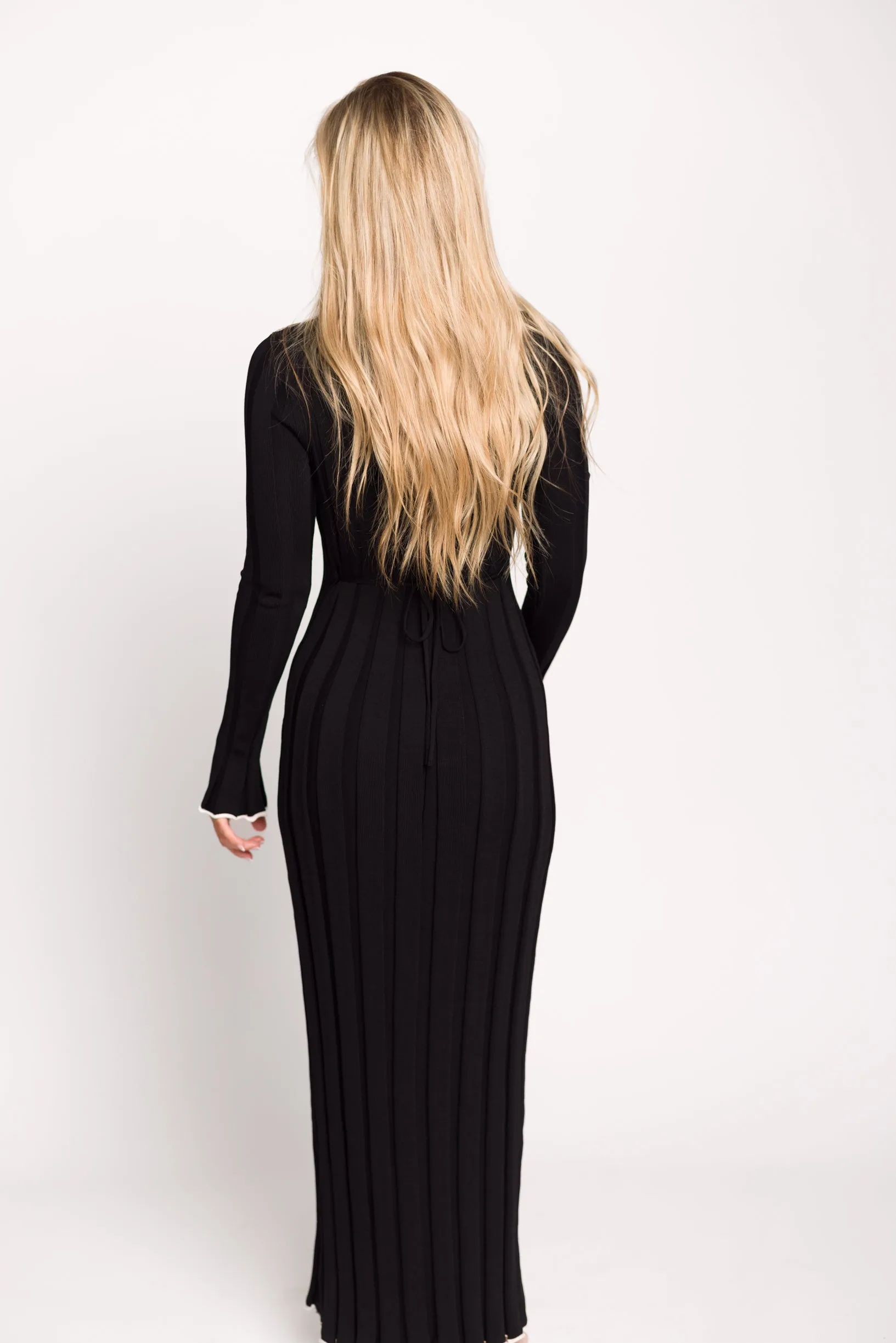 Bentley Ribbed Knit Maxi Dress with Long Sleeves in Black with White Trim - Bump Friendly