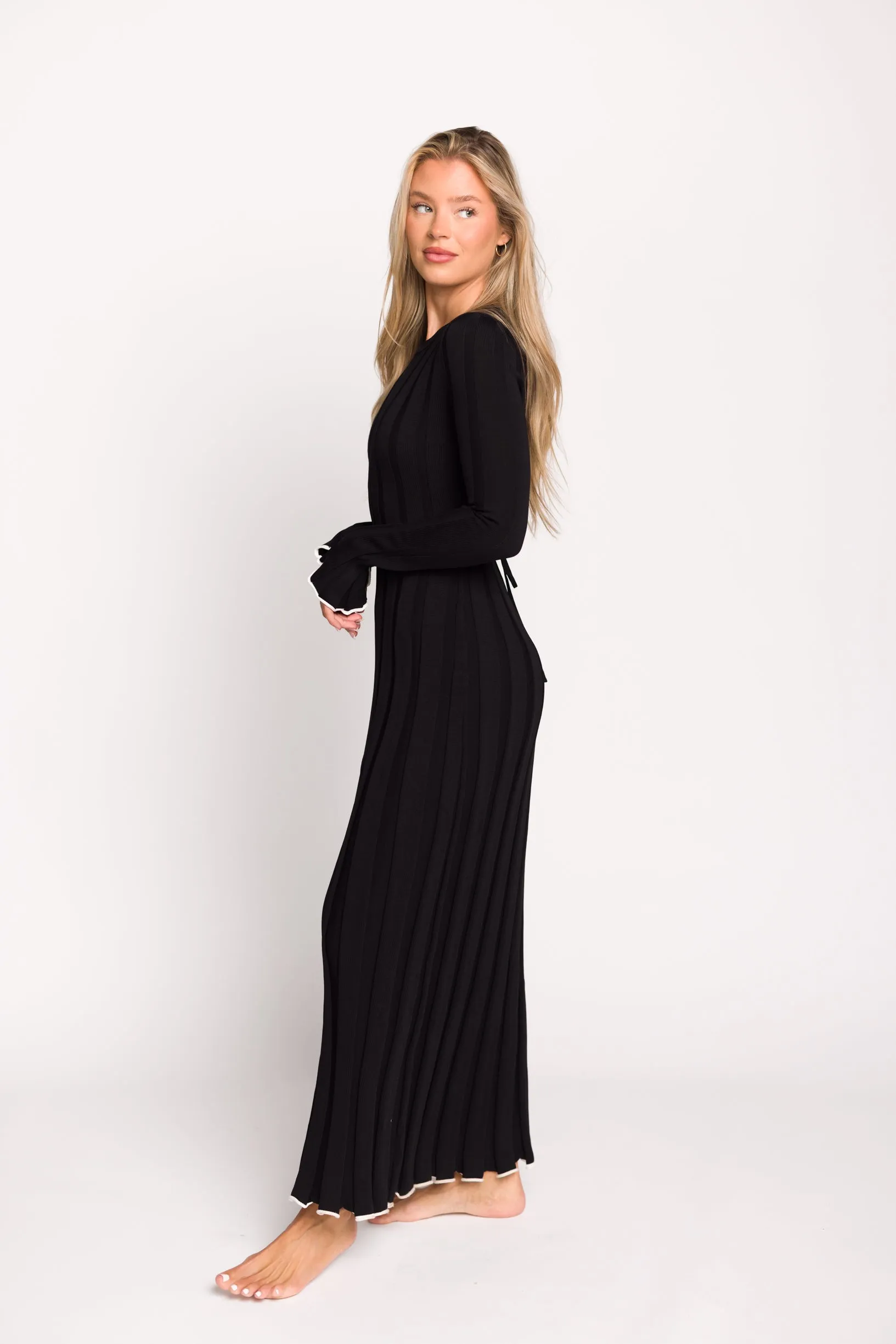 Bentley Ribbed Knit Maxi Dress with Long Sleeves in Black with White Trim - Bump Friendly