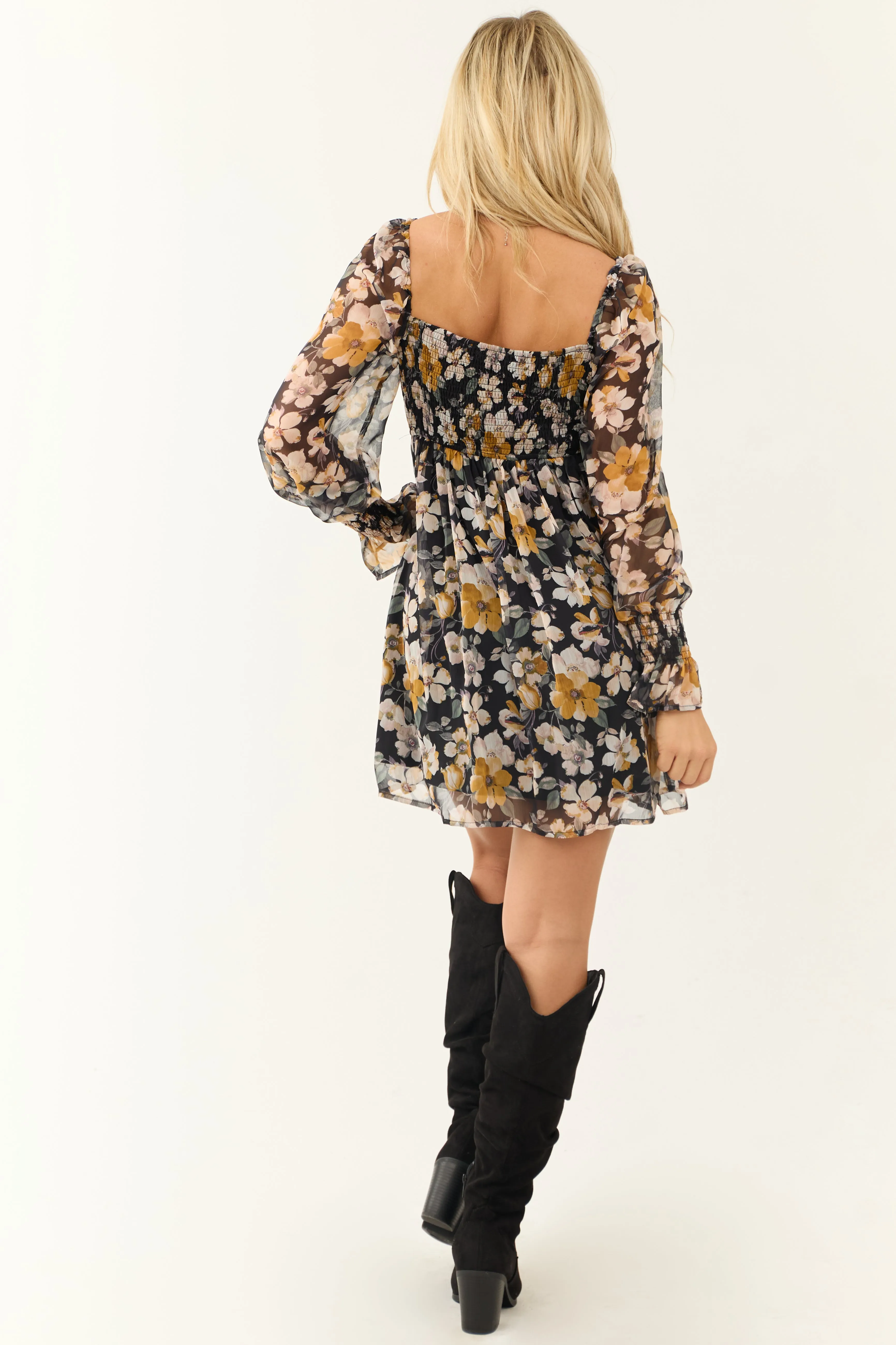 Black Floral Print Sweetheart Neck Short Dress