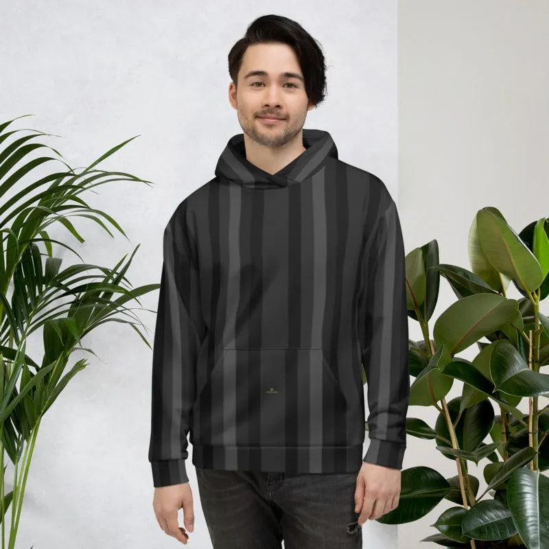 Black Gray Striped Hoodie, Men's or Women's Vertical Stripe Print Premium Unisex Sweatshirt-Made in EU/USA/EU