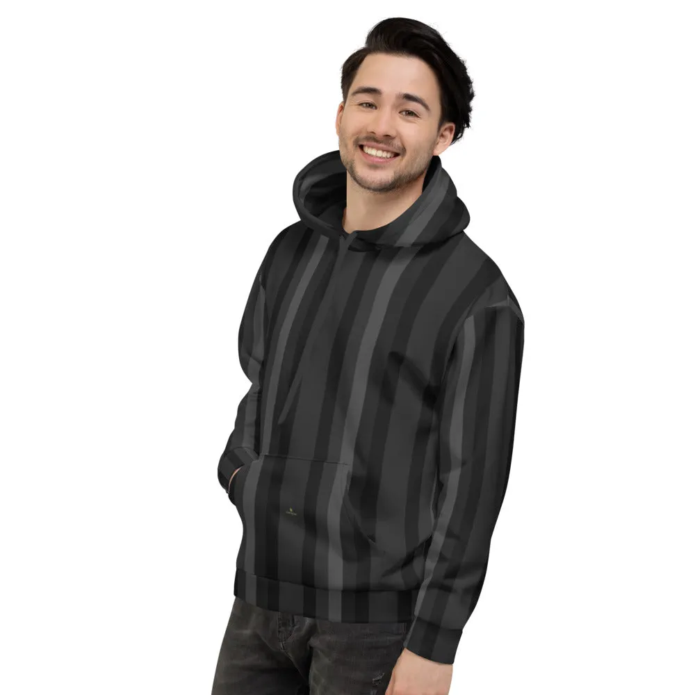 Black Gray Striped Hoodie, Men's or Women's Vertical Stripe Print Premium Unisex Sweatshirt-Made in EU/USA/EU