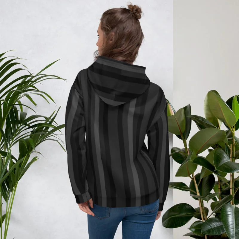 Black Gray Striped Hoodie, Men's or Women's Vertical Stripe Print Premium Unisex Sweatshirt-Made in EU/USA/EU