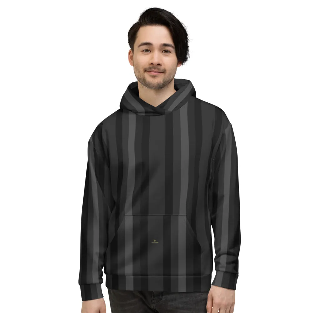 Black Gray Striped Hoodie, Men's or Women's Vertical Stripe Print Premium Unisex Sweatshirt-Made in EU/USA/EU