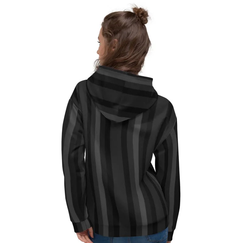 Black Gray Striped Hoodie, Men's or Women's Vertical Stripe Print Premium Unisex Sweatshirt-Made in EU/USA/EU