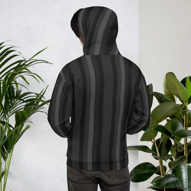 Black Gray Striped Hoodie, Men's or Women's Vertical Stripe Print Premium Unisex Sweatshirt-Made in EU/USA/EU