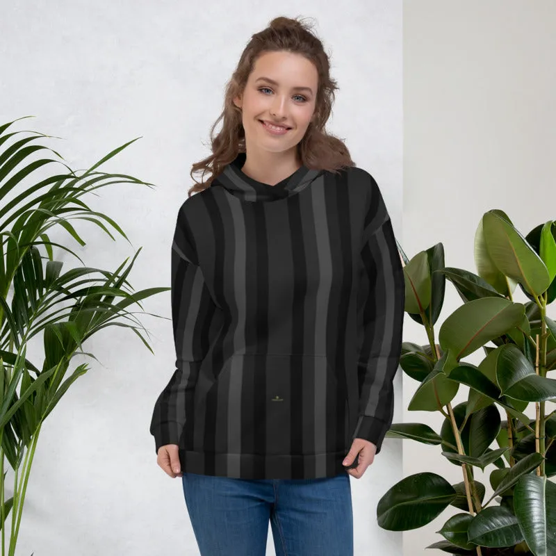 Black Gray Striped Hoodie, Men's or Women's Vertical Stripe Print Premium Unisex Sweatshirt-Made in EU/USA/EU