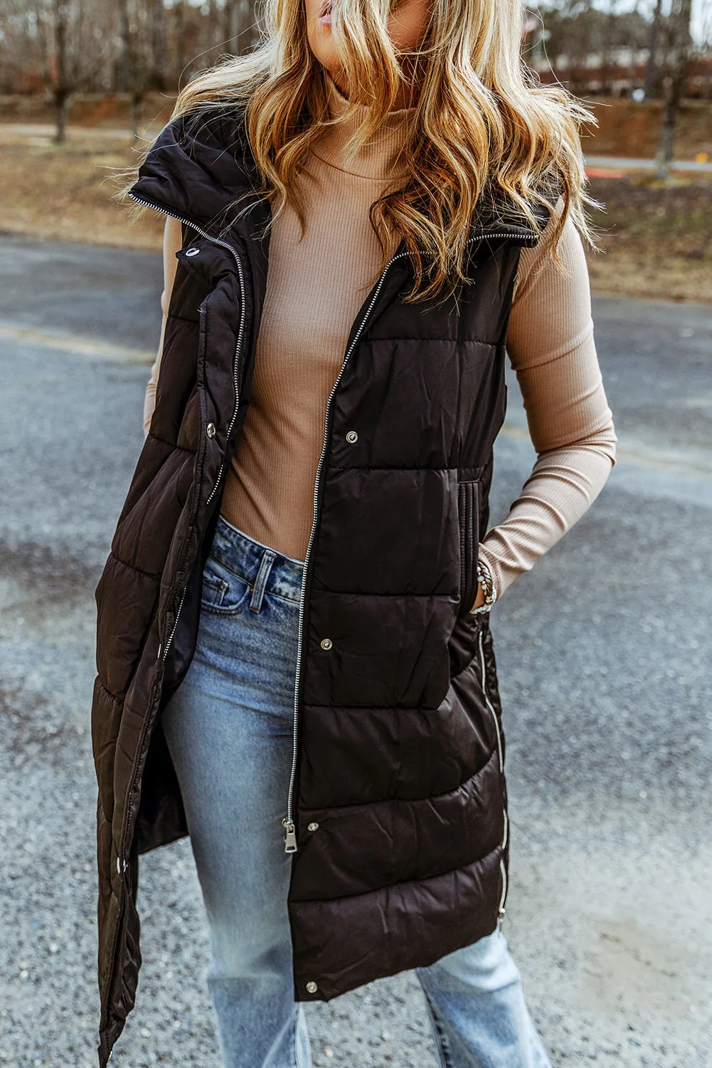 Black Hooded Pocketed Quilted Long Vest Coat