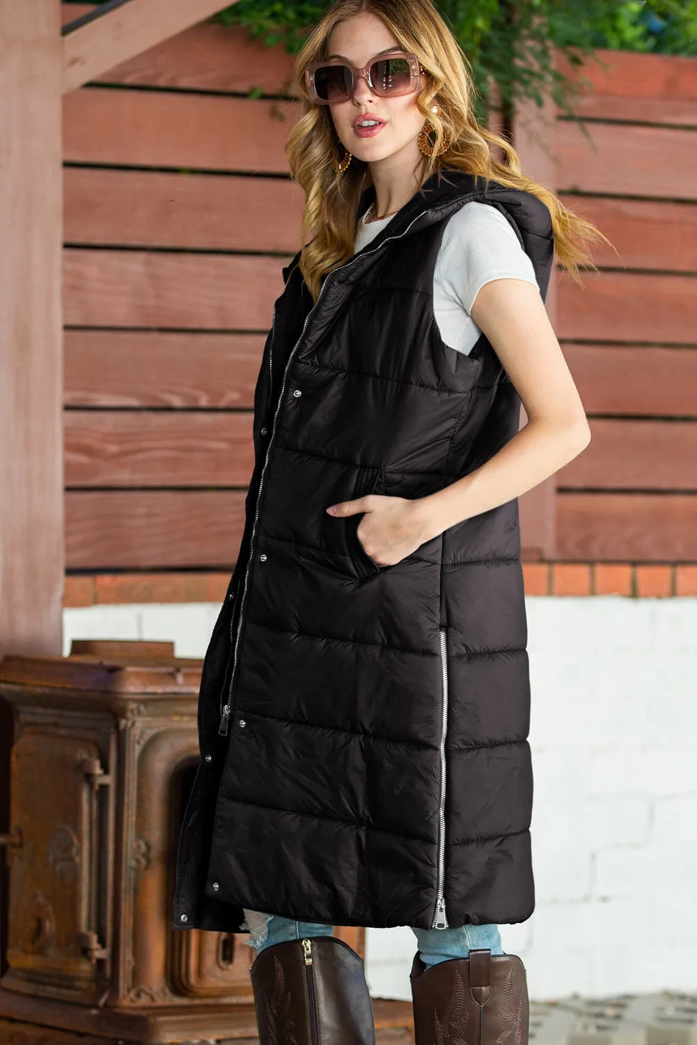 Black Hooded Pocketed Quilted Long Vest Coat