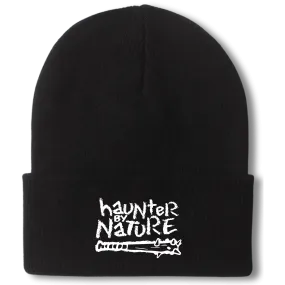 Black Knit Cuffed Beanie with Embroidered 'Haunter by Nature' – Halloween Design