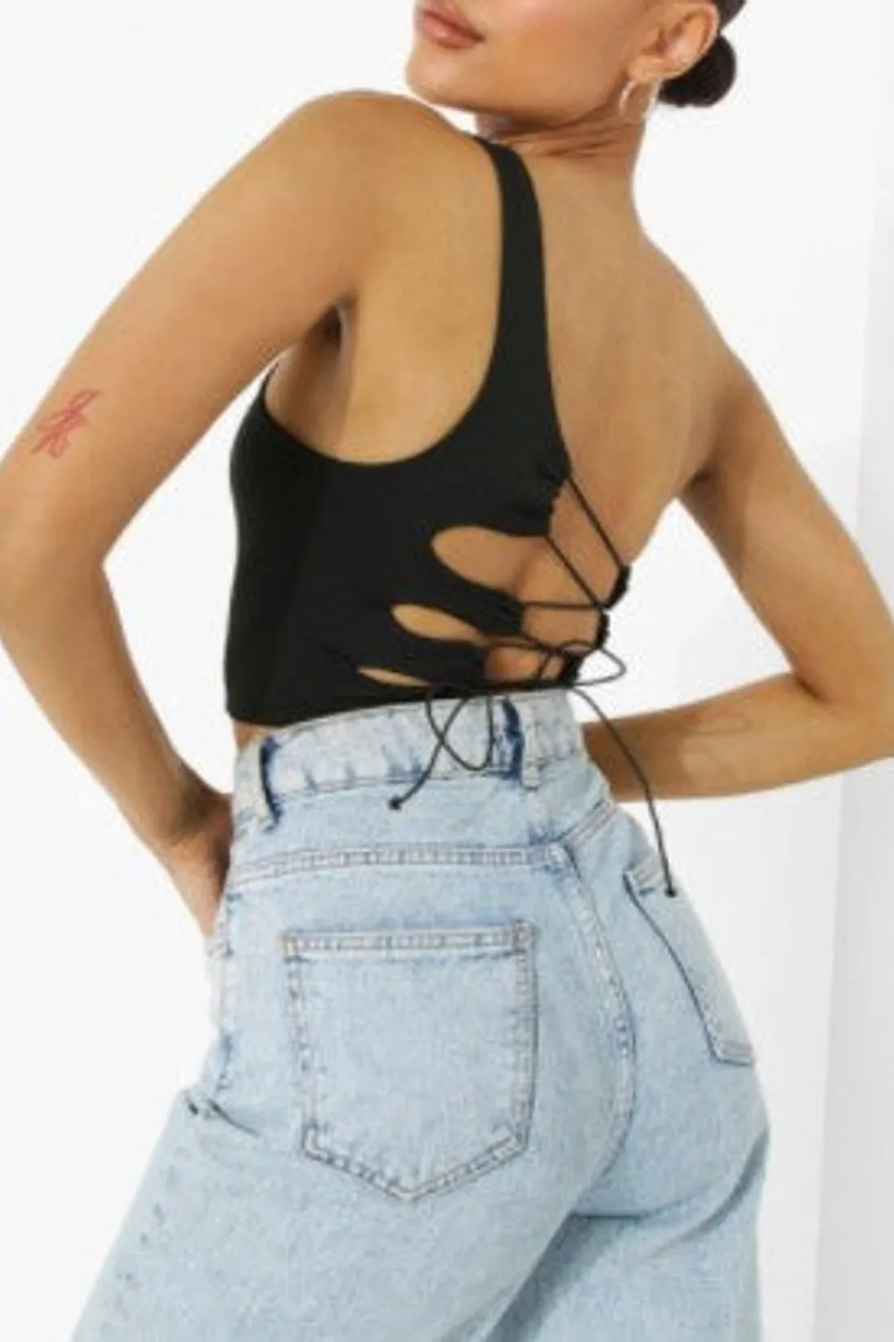 Black Lace Up Back One Shoulder Top