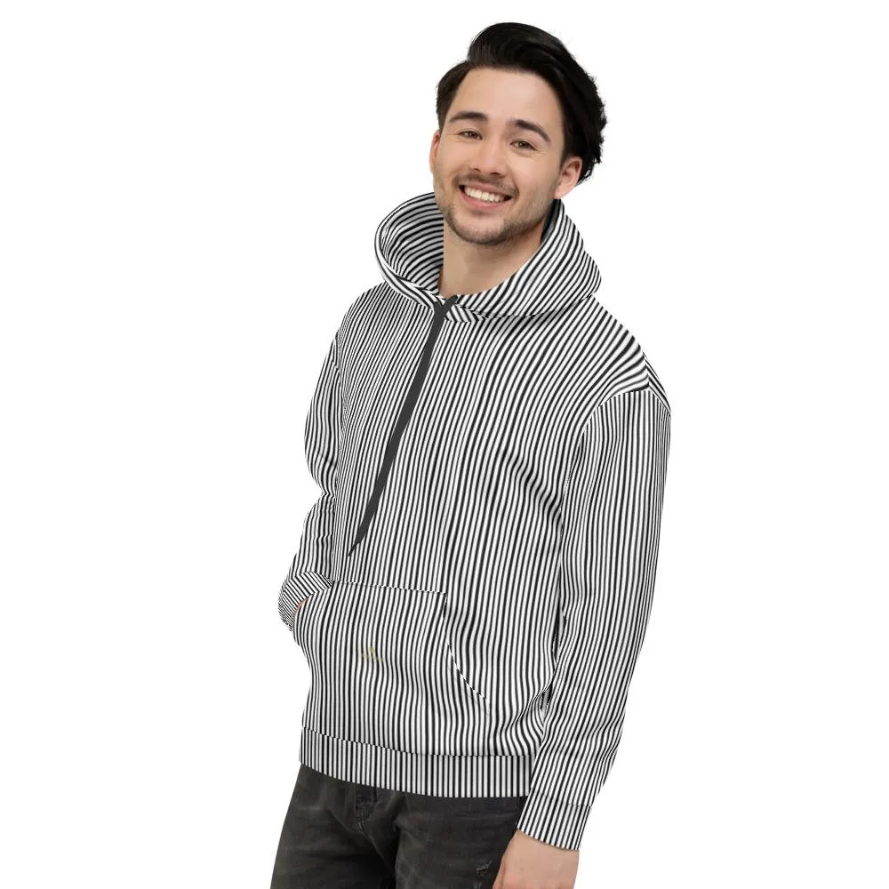 Black Striped Women's Hoodie, White Vertical Stripe Unisex Hoodie-Made in EU(US Size: XS-3XL)