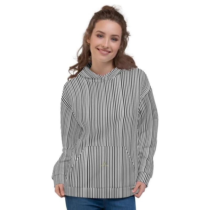 Black Striped Women's Hoodie, White Vertical Stripe Unisex Hoodie-Made in EU(US Size: XS-3XL)