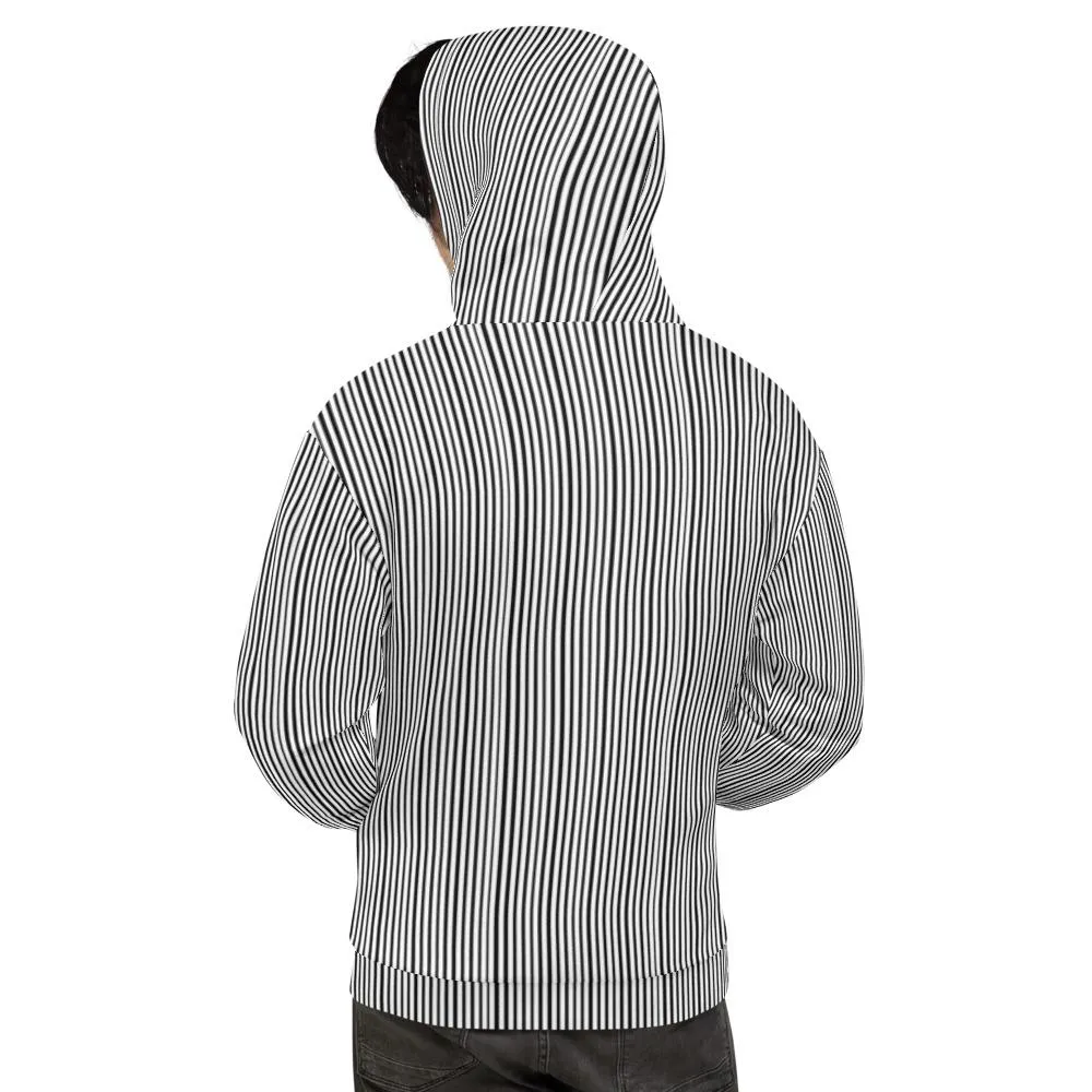 Black Striped Women's Hoodie, White Vertical Stripe Unisex Hoodie-Made in EU(US Size: XS-3XL)