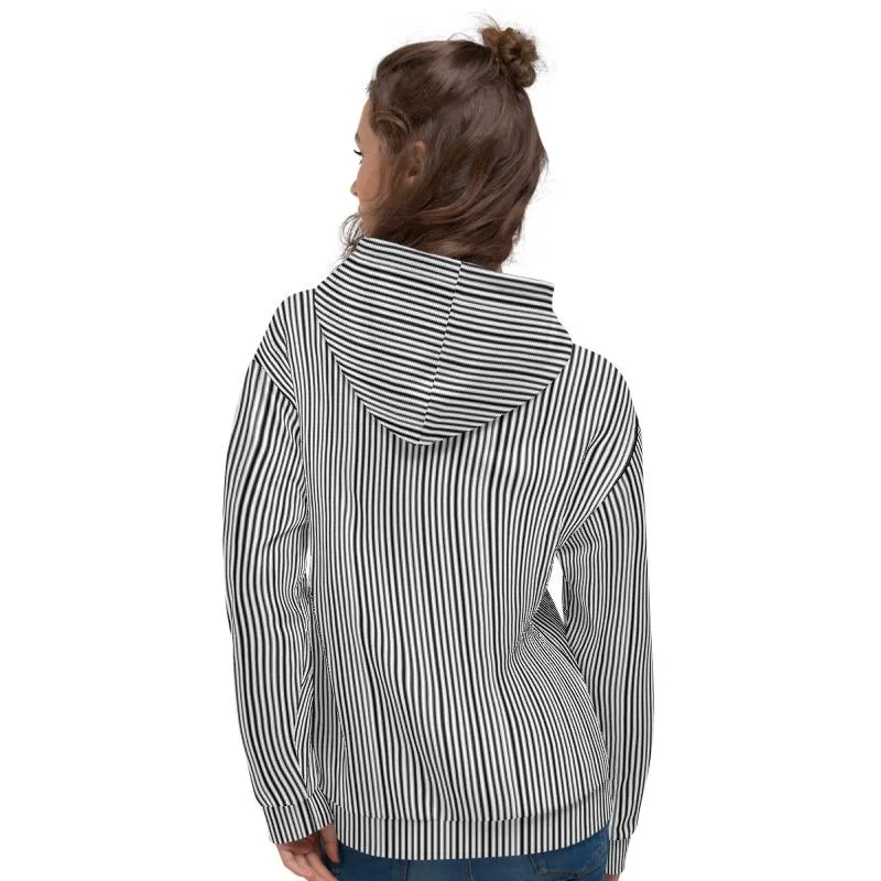 Black Striped Women's Hoodie, White Vertical Stripe Unisex Hoodie-Made in EU(US Size: XS-3XL)