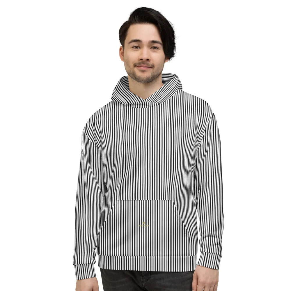 Black Striped Women's Hoodie, White Vertical Stripe Unisex Hoodie-Made in EU(US Size: XS-3XL)