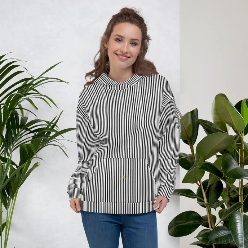 Black Striped Women's Hoodie, White Vertical Stripe Unisex Hoodie-Made in EU(US Size: XS-3XL)