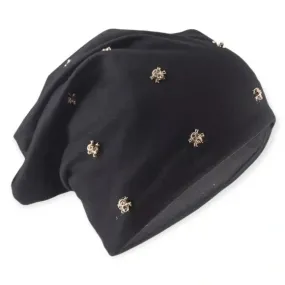 Black Studded Skulls O-Ring Fleece Beanies