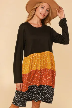 Black/Mustard/Rust Plus Floral Color Block Tiered Babydoll Dress