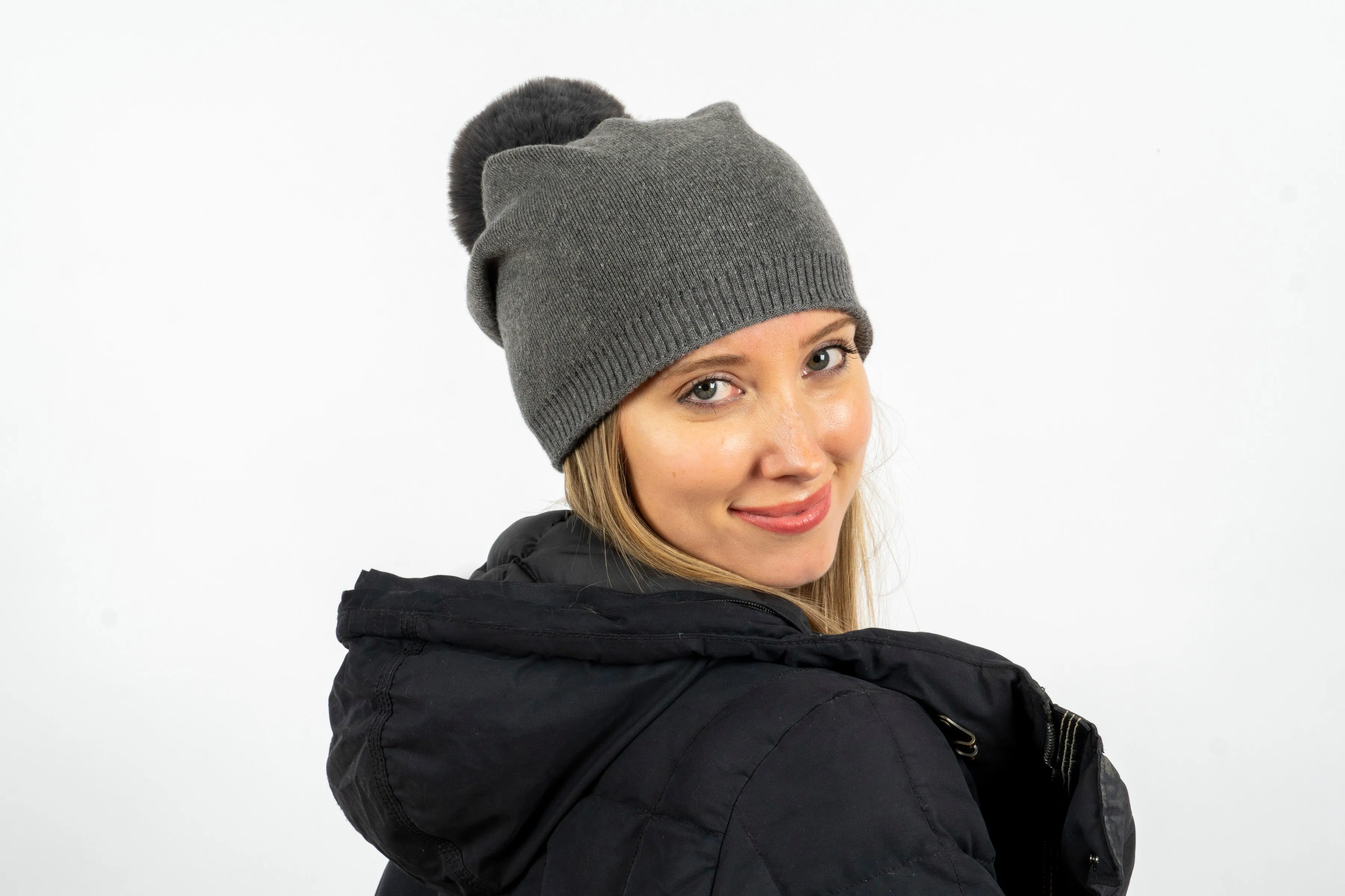 Brooklyn Beanie Charcoal/charcoal  Faux Fur Pom