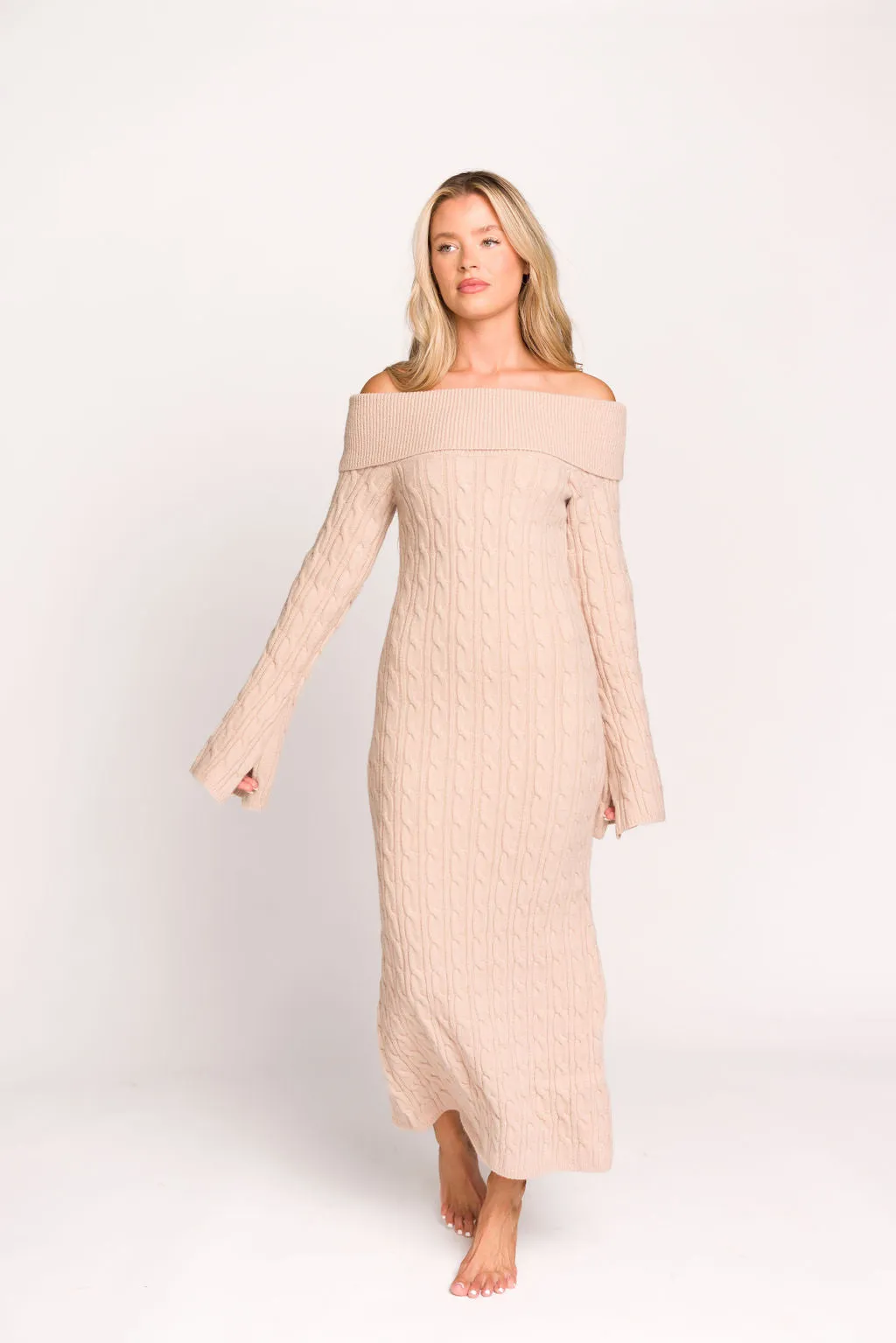 Carley Off-the-Shoulder Cable Knit Maxi Dress in Oatmeal