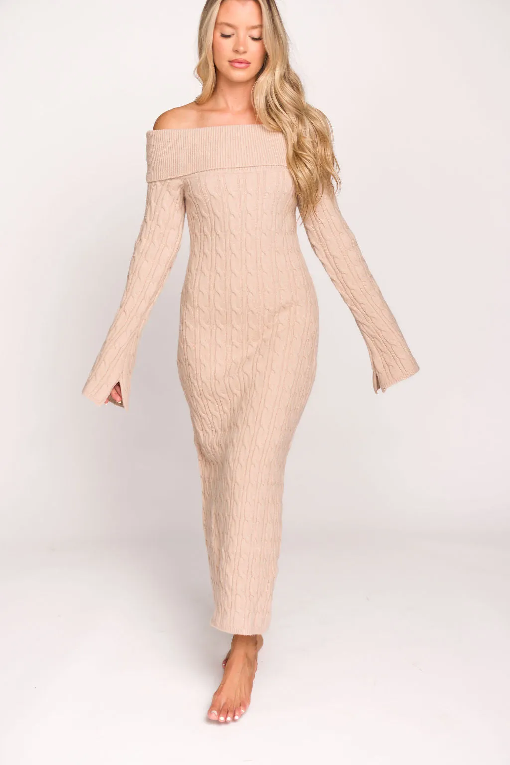 Carley Off-the-Shoulder Cable Knit Maxi Dress in Oatmeal