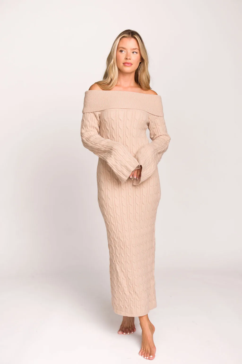 Carley Off-the-Shoulder Cable Knit Maxi Dress in Oatmeal