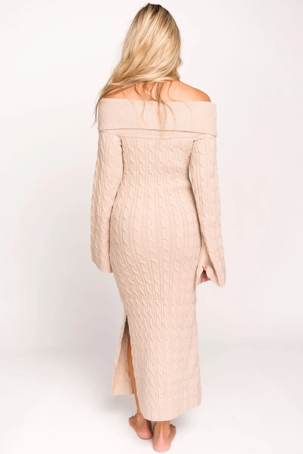 Carley Off-the-Shoulder Cable Knit Maxi Dress in Oatmeal