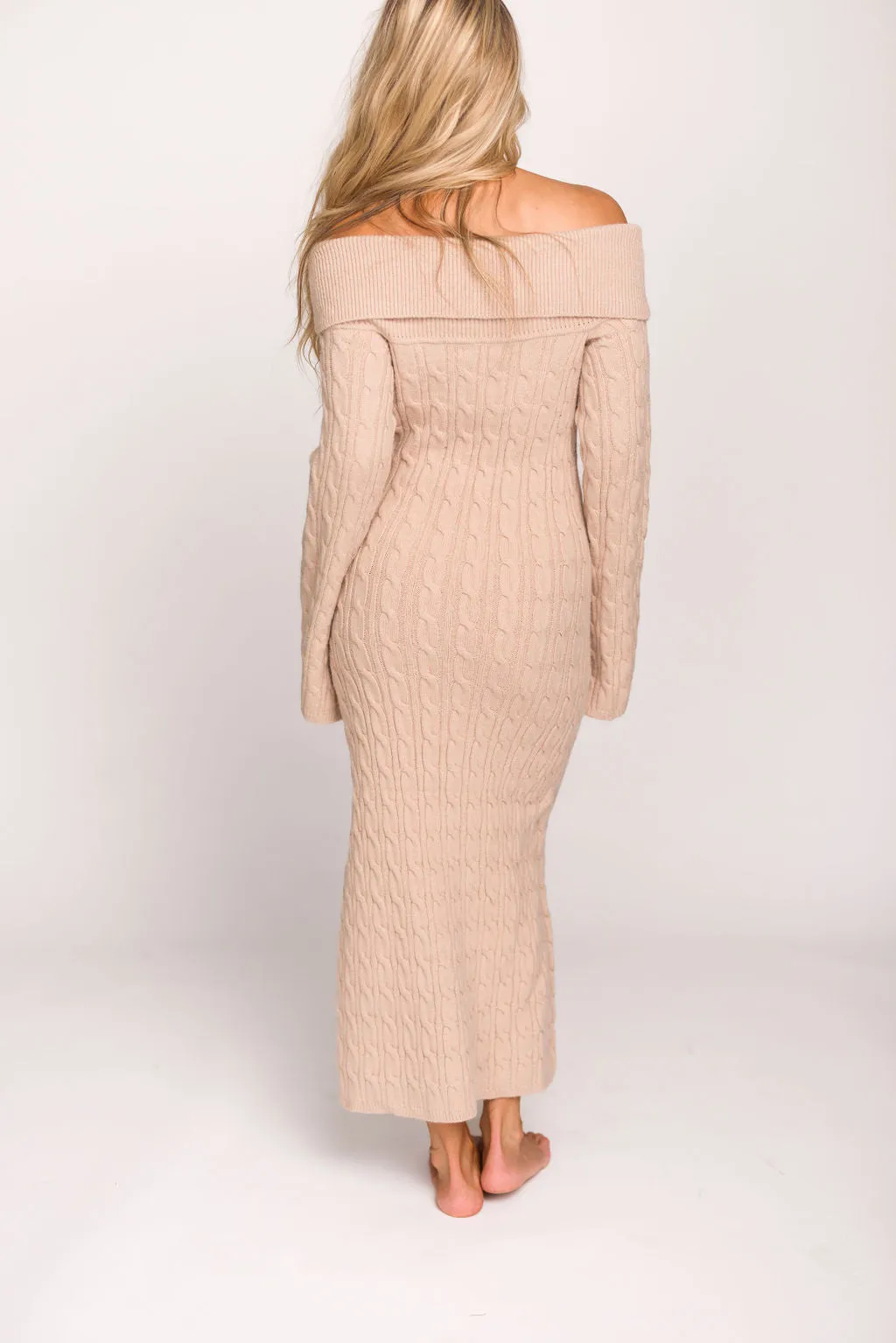 Carley Off-the-Shoulder Cable Knit Maxi Dress in Oatmeal