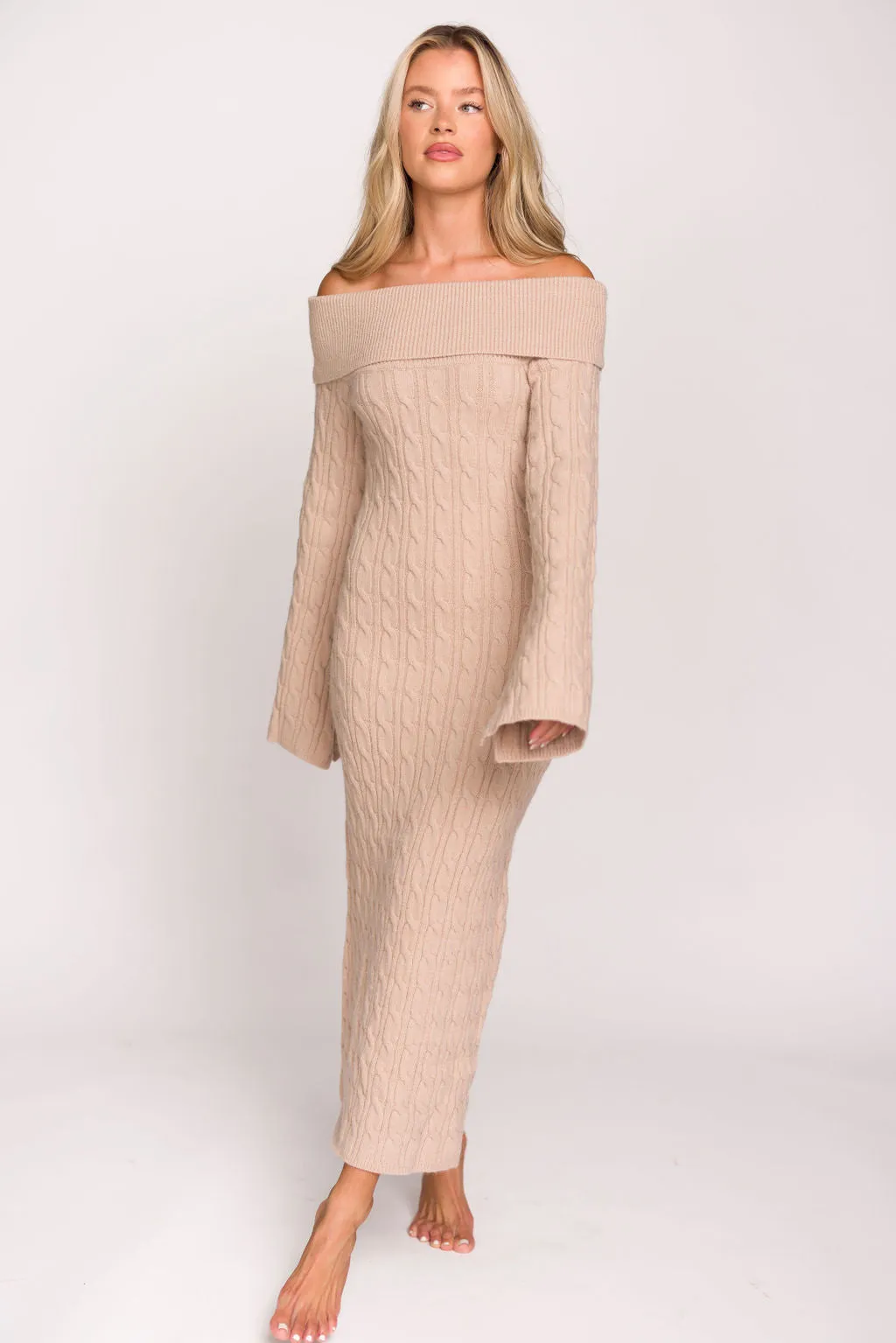 Carley Off-the-Shoulder Cable Knit Maxi Dress in Oatmeal