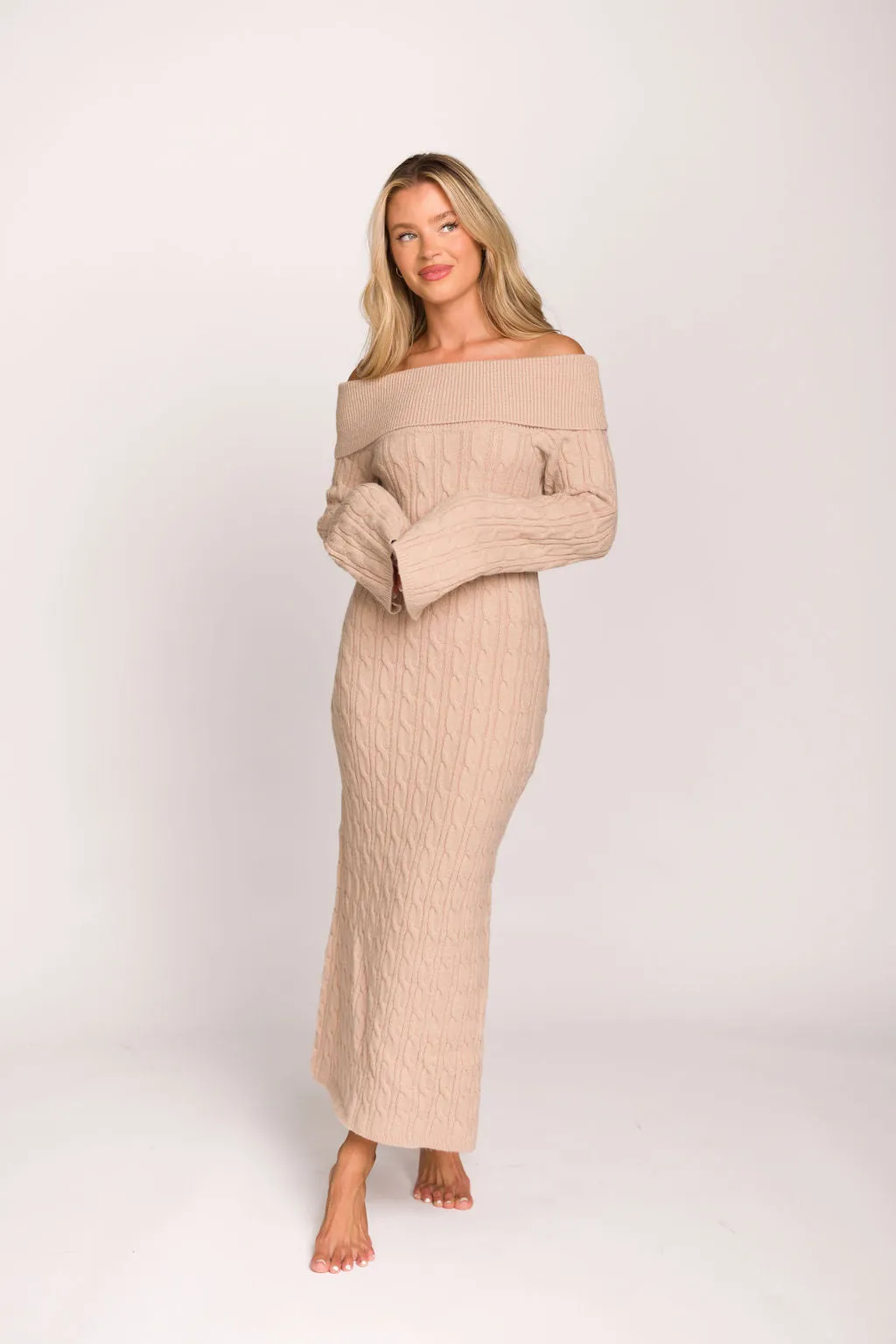 Carley Off-the-Shoulder Cable Knit Maxi Dress in Oatmeal