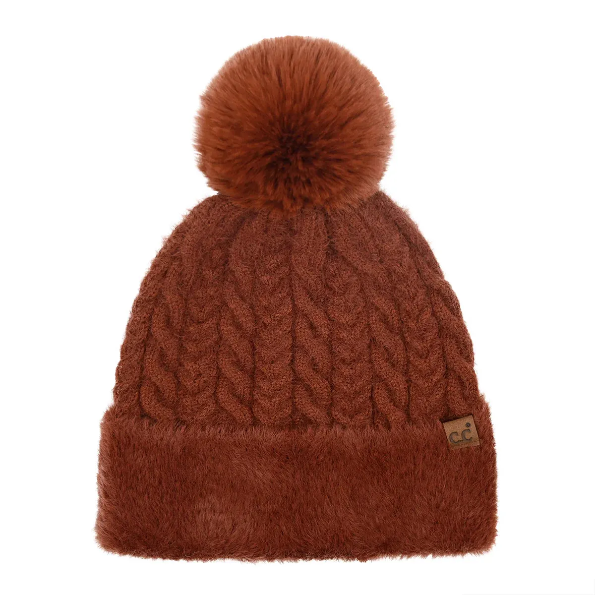 C.C Cable Knit Fuzzy Pom Beanie Brick