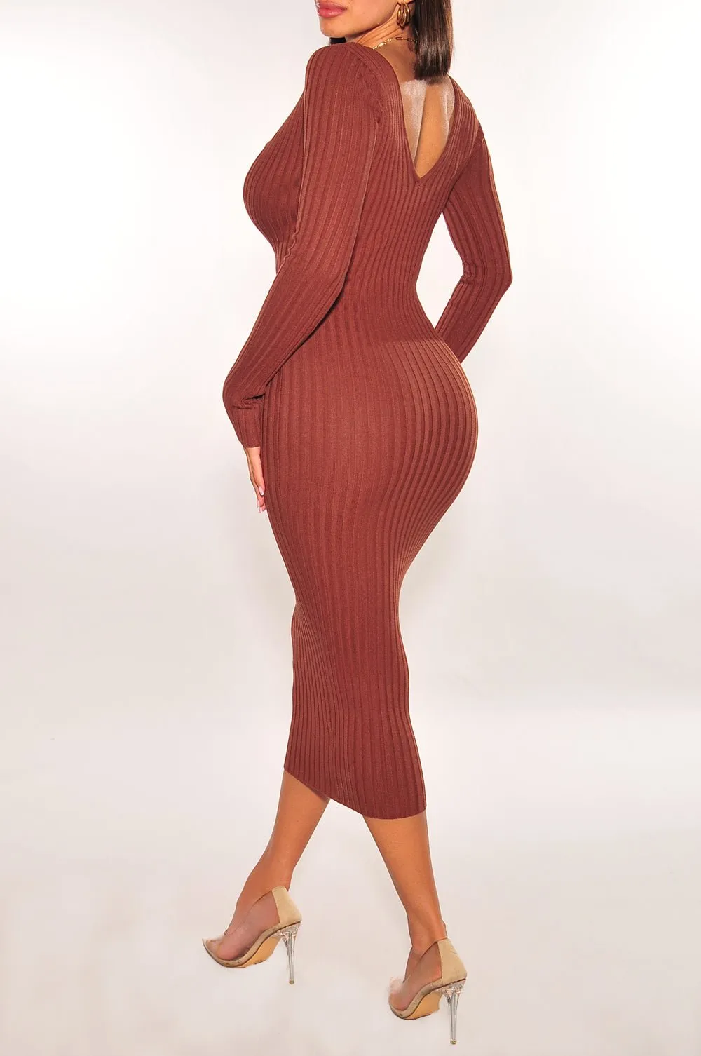 Chocolate Ribbed Knit Plunge Neck Long Sleeve Midi Dress   Bralette